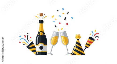 Champagne bottle and party accessories.