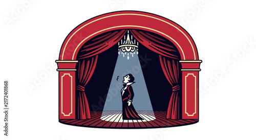 Cartoon woman on stage with spotlight.