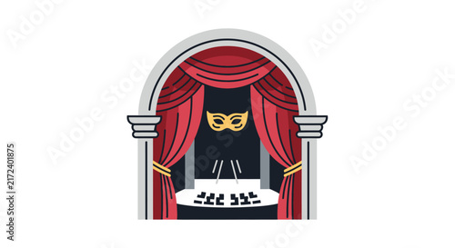 Cat on stage with red curtains.