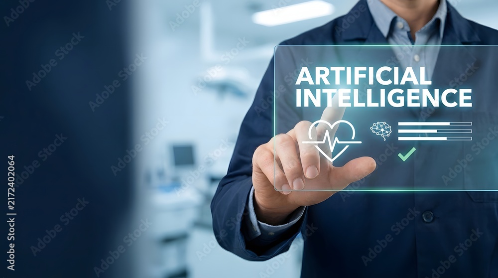 Obraz premium Business professional interacting with a transparent digital artificial intelligence interface