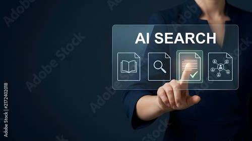 Obraz na płótnie Artificial intelligence search concept with person interacting with digital interface