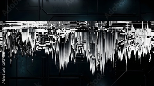 Digital glitch abstract background with dark metallic frame and data noise