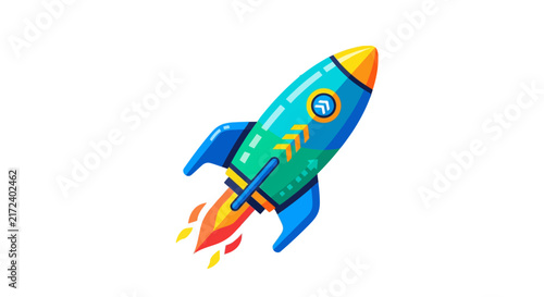 Colorful cartoon rocket flying high.