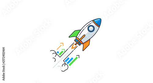 Colorful cartoon rocket flying upwards.