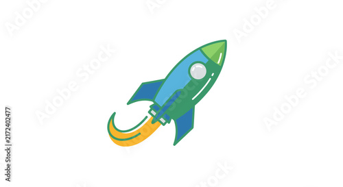 Colorful cartoon rocket in flight.