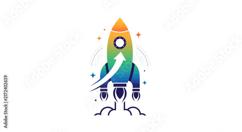 Colorful cartoon rocket ship blasting.