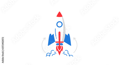 Colorful cartoon rocket ship blasting.