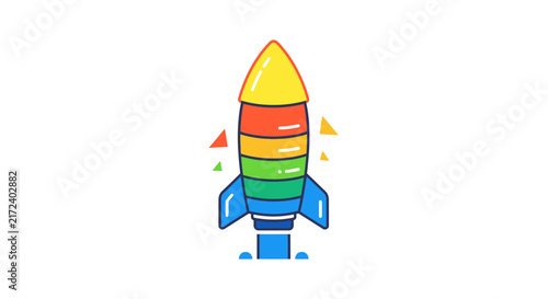 Colorful cartoon rocket ship blasting.