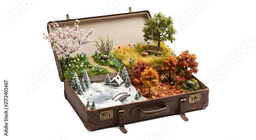 Four seasons diorama inside a vintage leather suitcase conceptual 3D illustration.