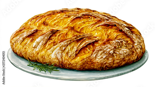 A golden brown loaf of bread with a crispy crust sitting on a blue plate