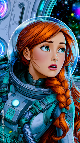 A digital illustration of a young woman with red hair wearing a space suit with a helmet looking out of a window at a starry space scene