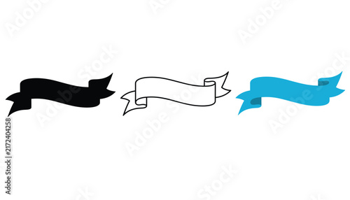 Scroll ribbon banner vectors in black silhouette, simple outline, and blue color are isolated on a white background.