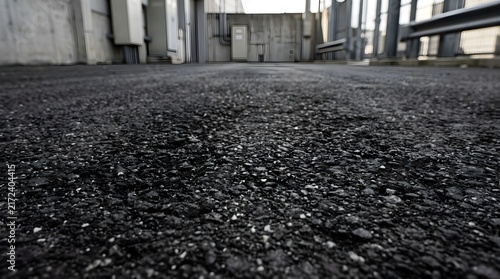 Low angle view of an empty urban asphalt parking lot floor with structure