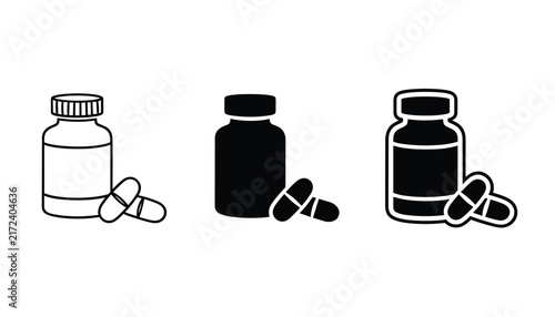 Three different graphic style icons of a medicine bottle and two pills including outline, silhouette, and thick border.