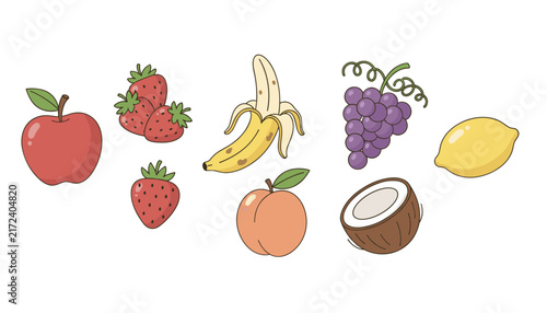 Delightful hand drawn collection of fresh healthy fruits including apple, strawberry, banana, grape, and lemon.