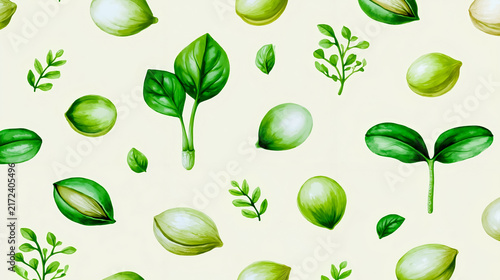 A pattern of green leaves and fruits on a white background