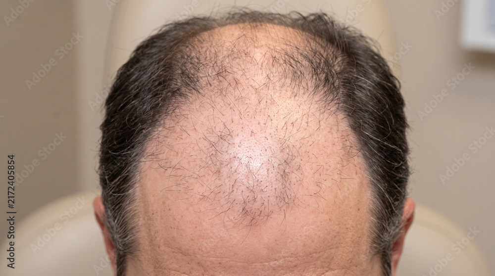 Fototapeta premium Close-Up View of Male Scalp Demonstrating Advanced Androgenetic Alopecia with Hair Thinning and Receding Hairline