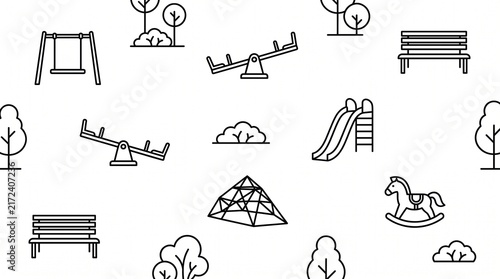 Minimalist white background with black line icons of playground and park elements: swing set, seesaw, slides, climbing frame, benches, rocking horse toys, trees, and bushes.