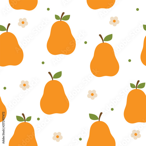 Pear seamless pattern with flowers and leaves on white background. Vector illustration. It can be used for wallpapers, wrapping, cards, patterns for clothes and other.