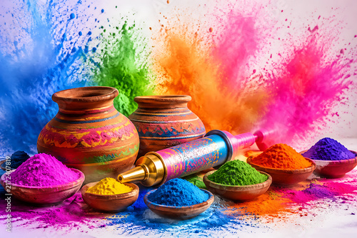 Terracotta Pots and Pitchkari Water Gun Surrounded by Dynamic Colorful Holi Gulal Powder Splatters and Bowls for Festive Display
