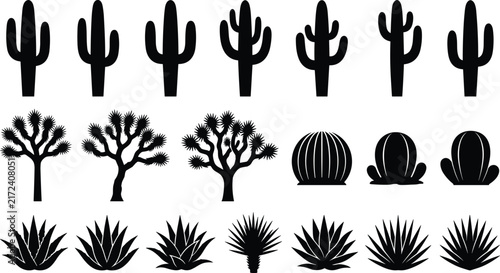 Desert plant silhouette vector set featuring saguaro cactus, joshua tree, agave, and barrel cactus
