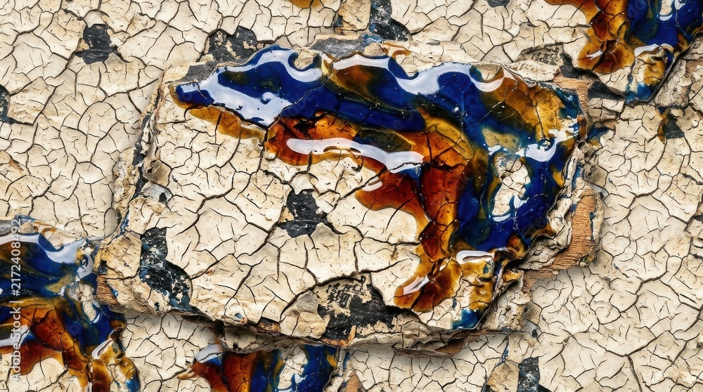 Naklejka premium Close up view of glazed ceramic surface with fine crackle pattern and blue orange details material artistic abstract reflective decoration ornament background fragment historic craftsmanship