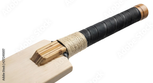 Close up of a cricket bat handle with black grip and twine wrap isolated on white.