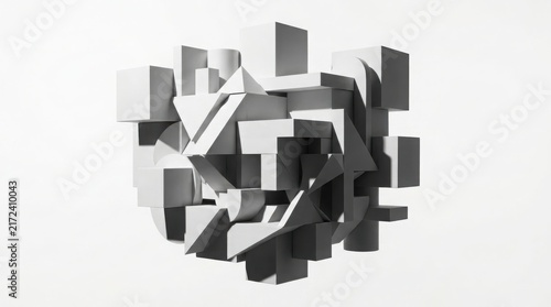 Abstract volumetric geometric shape composed of dark and light grey interlocking blocks with abstract block interlocking cubes geometric structure modern sculpture 3D object architectural form