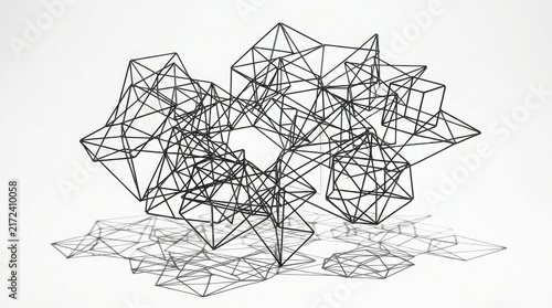 Intricate black wireframe geometric structure drawing on white background with line art black lines architectural plan geometric shapes computer graphics 3D wireframe graphic design wireframe
