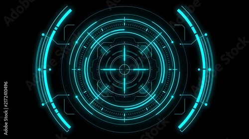 Glowing cyan circular hud interface with targeting reticle and telemetry