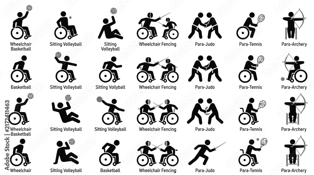 Fototapeta premium Paralympic sports icons set featuring various adaptive athletic activities in a clean minimalist vector graphic style