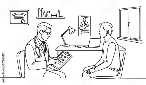 Doctor Patient Consultation Medical Office Continuous Line Art