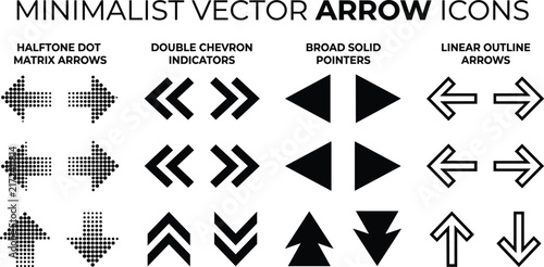 Minimalist vector arrow icons set featuring halftone dot matrix double chevron solid linear outline pointers.eps