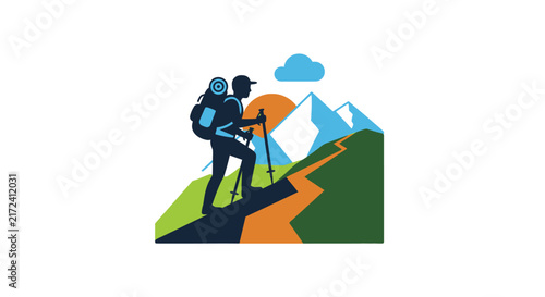 Hiker standing on mountain trail path.