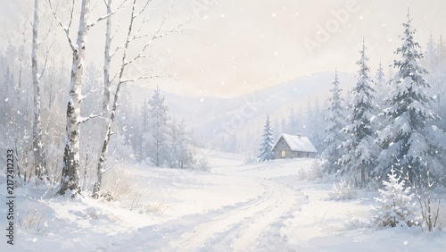 Snow-covered cottage among birches and firs during snowfall in a winter forest