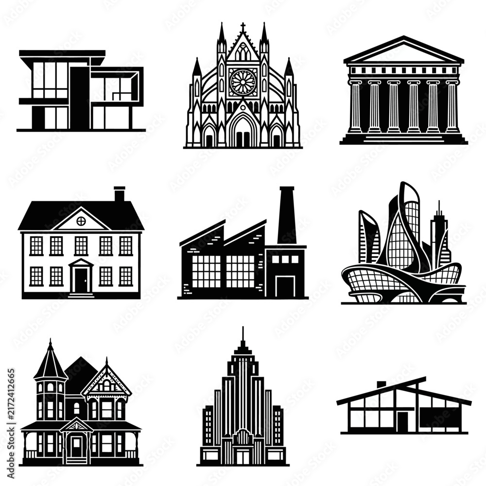 Fototapeta premium Diverse Architectural Building Silhouettes Representing Different Styles and Eras.