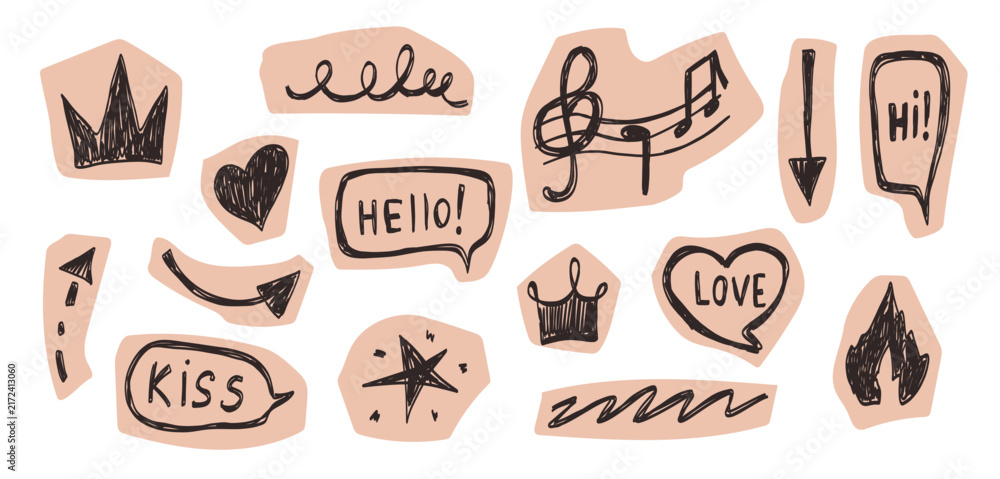 Fototapeta premium Cut out and torn collage paper with doodle hand drawn elements of crown, arrow, speech bubble with text. Scrapbook stickers in different shapes in y2k style