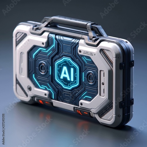 Futuristic AI tool case with blue neon lights and metallic design  