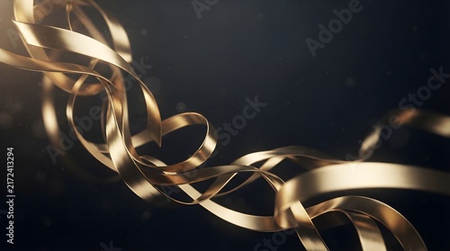 Flowing golden silk ribbons elegantly curved in abstract artistic style against a dark background with soft glowing particles and light