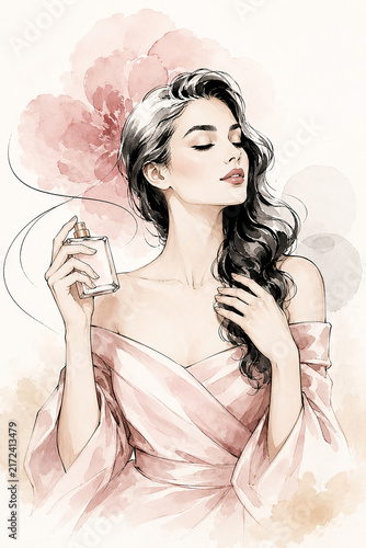 Elegant Watercolor Fashion Woman Portrait in Soft Blush Pink Tones