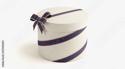 Round white gift box with navy blue diagonal stripe and ribbon bow isolated on white background, 3D render for present, holiday and celebration packaging design