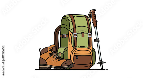 Hiking backpack and trekking poles.