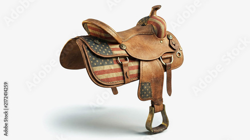 Brown leather horse saddle with stirrup and floral tooled design isolated on white background, 3D render for western, cowboy, ranch, rodeo and equestrian riding equipment concept design