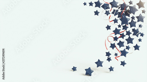 Blue star confetti scattered on light background with red ribbon and copy space, 3D render for USA Independence Day, 4th of July, patriotic celebration and national holiday design