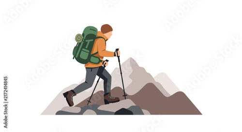 Man hiking with backpack and poles.