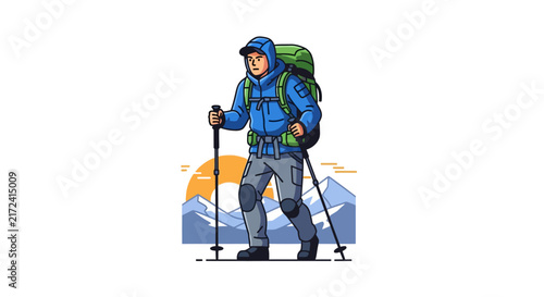 Man hiking with trekking poles outdoors.