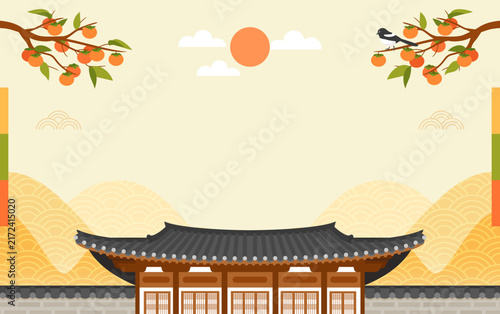 Chuseok or Hangawi background vector illustration, Persimmon tree with traditional Korean house. Korean Mid-Autumn harvest festival