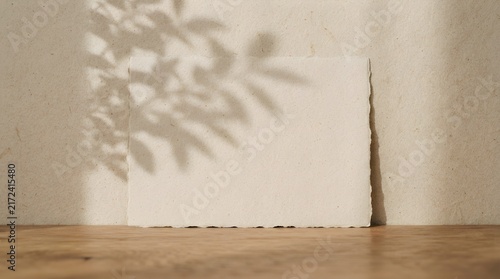 Blank deckled edge paper sheet leaning against textured beige wall with beautiful leafy plant shadow cast upon minimalist wooden surface