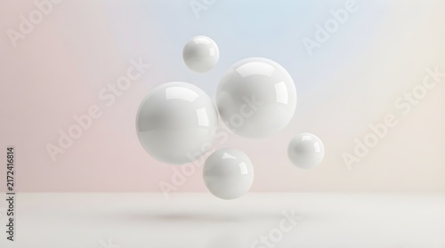 Floating glossy white spheres arranged in a balanced composition with soft pastel lighting and clean minimalist aesthetic for modern design
