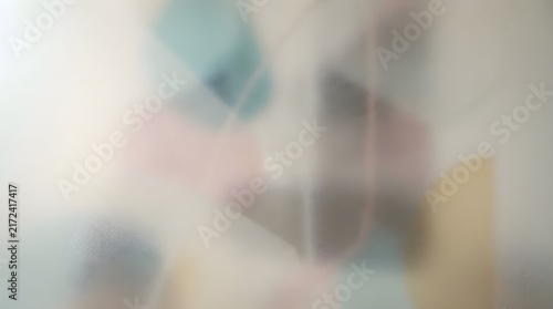 Frosted glass texture obscuring colorful abstract shapes behind a translucent surface creating soft hazy layers with a muted pastel palette
